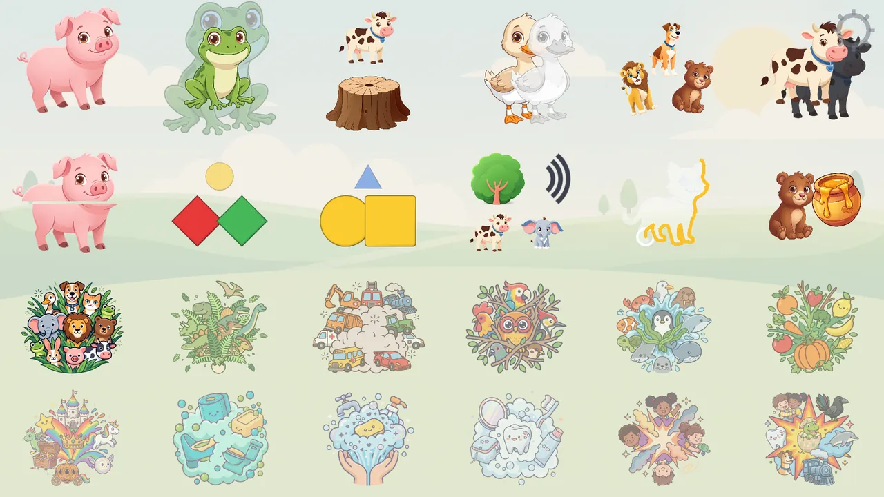 The BabyKeys menu: twelve game tiles on top, twelve sets of objects below.