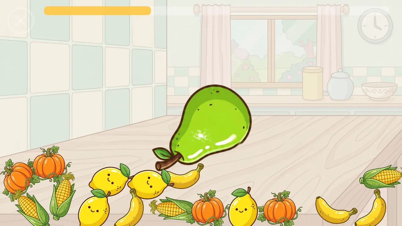 Tumble: a heap of fruit and vegetables in a kitchen, with one giant piece that has swallowed its twins.