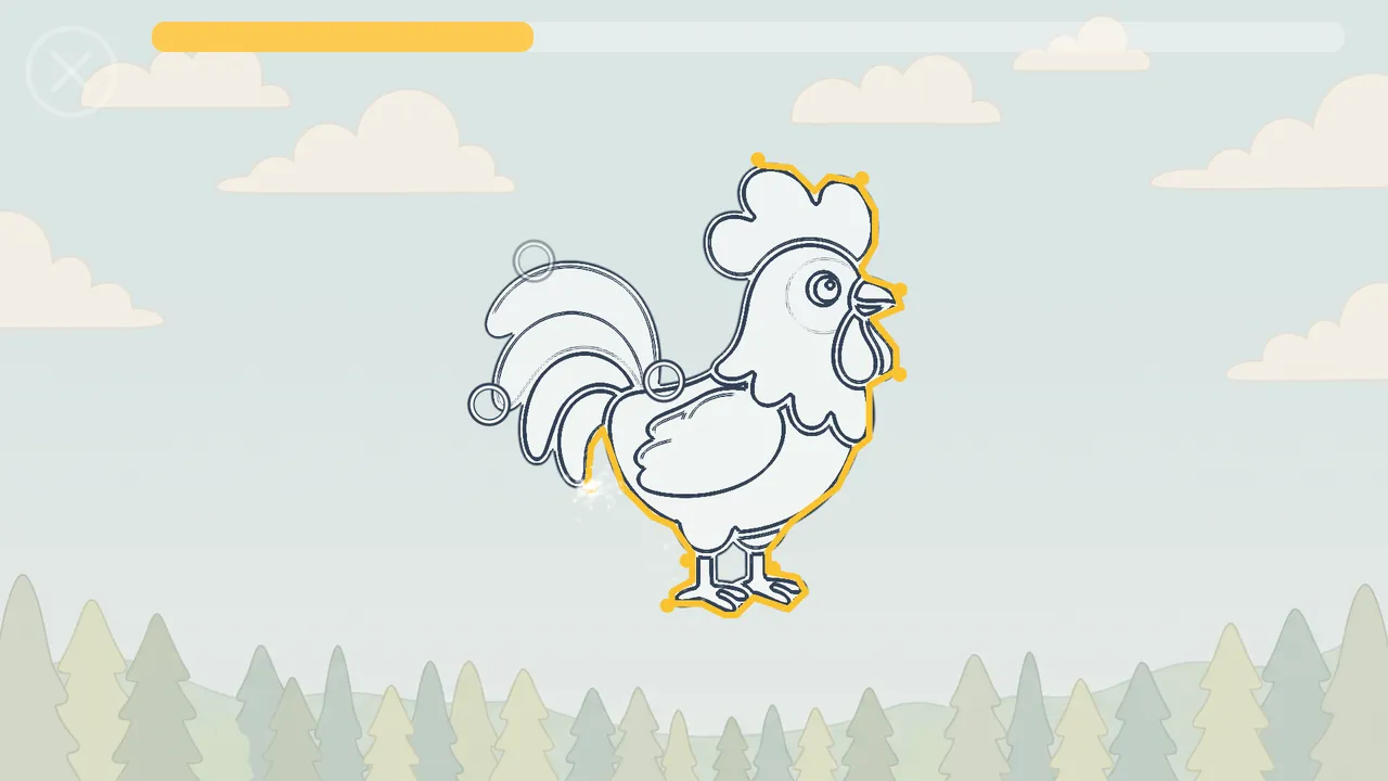Trail: a bird drawn as a colouring-page outline, most of it already traced through the rings.
