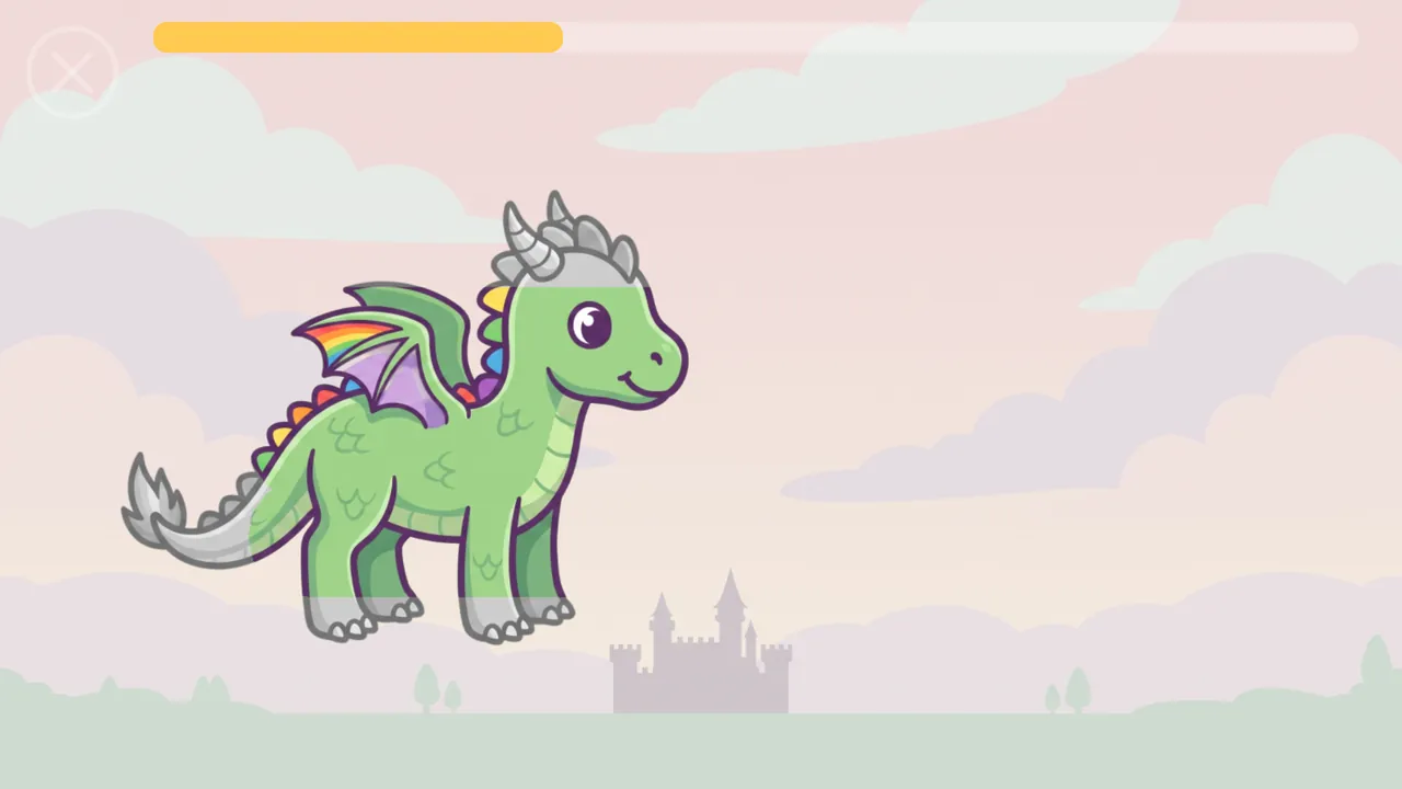 Magic Brush in the colouring style: a dragon, part grey and part coloured, with a castle in the distance.
