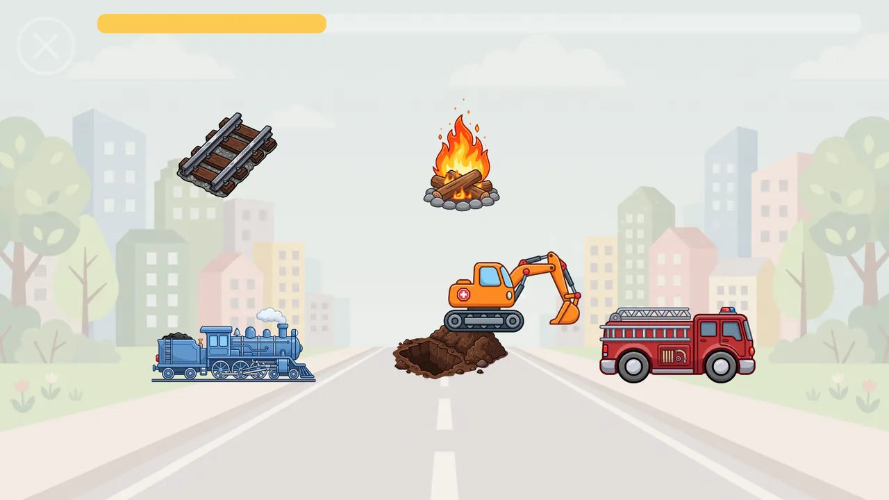 Who with whom? — vehicles and the things that go with them; a finger is carrying the excavator to its pile of earth.